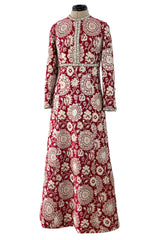 Stunning 1970s Adele Simpson Red & Gold Brocade Dress w Rhinestone Detailing