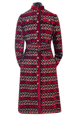 1960s Davidow Red Black & White Fused Cut Velvet Dream Carpet Coat w Matching Belt