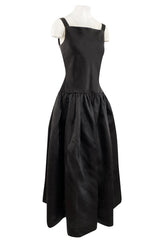 1980s Oscar De La Renta Black Silk Taffeta Dropped Waist Full Skirt Dress w Button Back