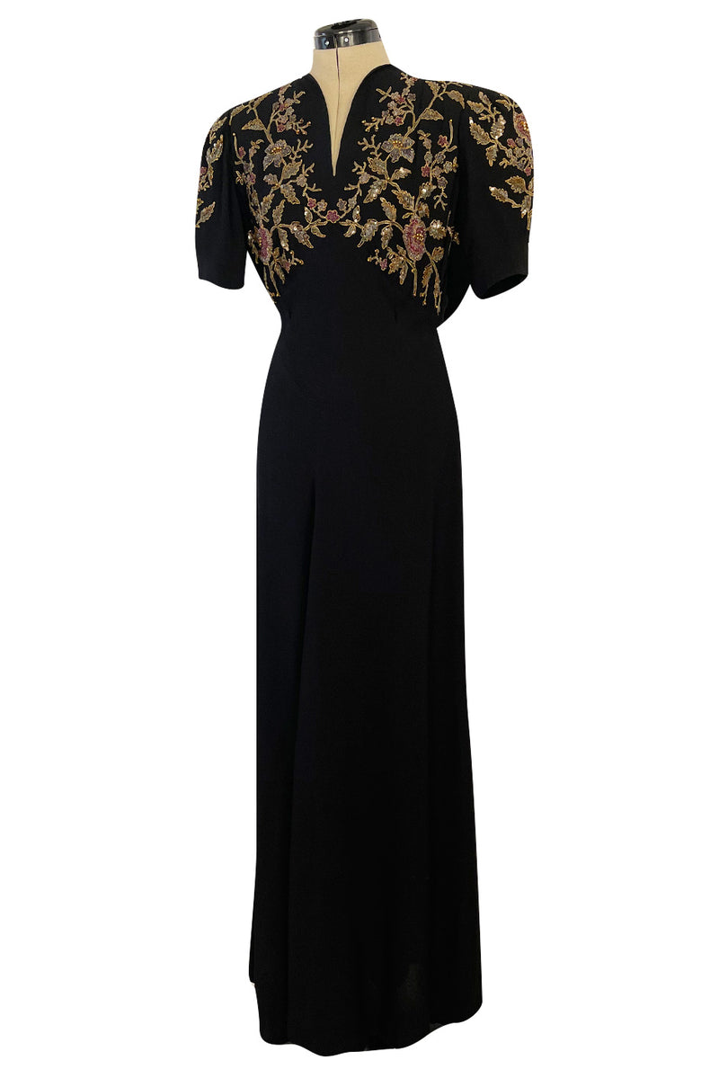 Stunning 1930s Unlabeled Moss Silk Crepe Dress w Dense Beading Sequin & Gold Thread Embroidery