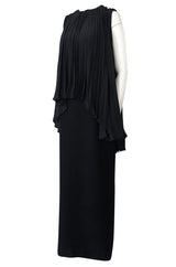 1990s Christian Dior Chic Black Sheath Dress w Pleated Cape Overley