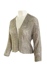 Documented 1981 Halston Silver Beaded & Pearl Grey Silk Net Couture Jacket