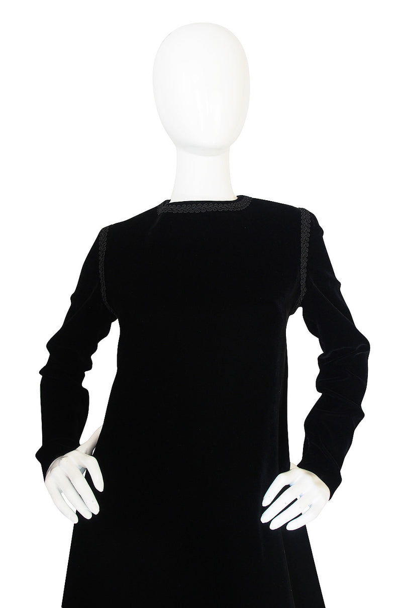 1970s Black Velvet & Braid Yves Saint Laurent Dress