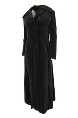 1960s Unlabeled Inky Black Velvet Crossed Stitched Quilted Great Coat