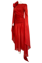 Rare 1970s Nina Ricci Haute Couture Trailing Angel Wing Sleeve Red Silk Dress