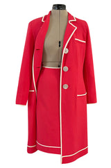 1980s Valentino Textured Wool Long Cut Jacket & Skirt Set in a Vivid Coral w Cream Trim