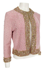 Stunning 1970s Adolfo Pale Pink Beaded Pearl, Rhinestone & Gold Jacket