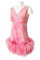1960s Jerry Silverman Pink Print Mini Dress w Pink Feather Hem Detailing
