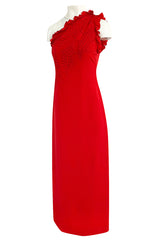 Documented 1981 James Galanos One Shoulder Red Silk Dress w Trapunto Quilting Detail