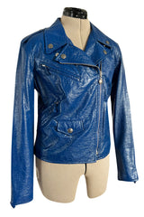 Fantastic 1990s Moschino Jeans Bright Blue Patent Faux Leather Motorcycle Jacket