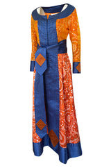 Dramatic 1970s Ronald Amey Orange Blue & Coral Print Silk Couture Dress
