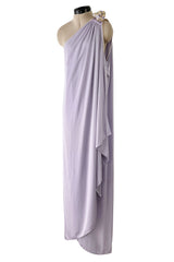 1981 Bill Tice Lilac One Shoulder Jersey Dress w Gold Lame Flower Detailing