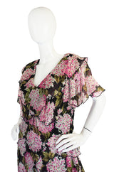 1970s Pink Floral Holly Harp Tiered Silk Dress
