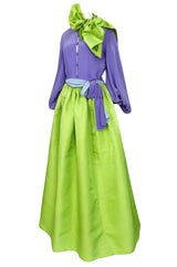 Spring 1978 Bill Blass Crisp Bright Green Silk Taffeta Skirt & Purple Silk Top Dress Set