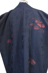 1950s Hand Painted Floral Deep Blue Silk Kimono