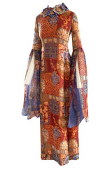 Spectacular 1960s Tina Leser Original  Printed Silk Voile Extra Long Angel Sleeve Dress
