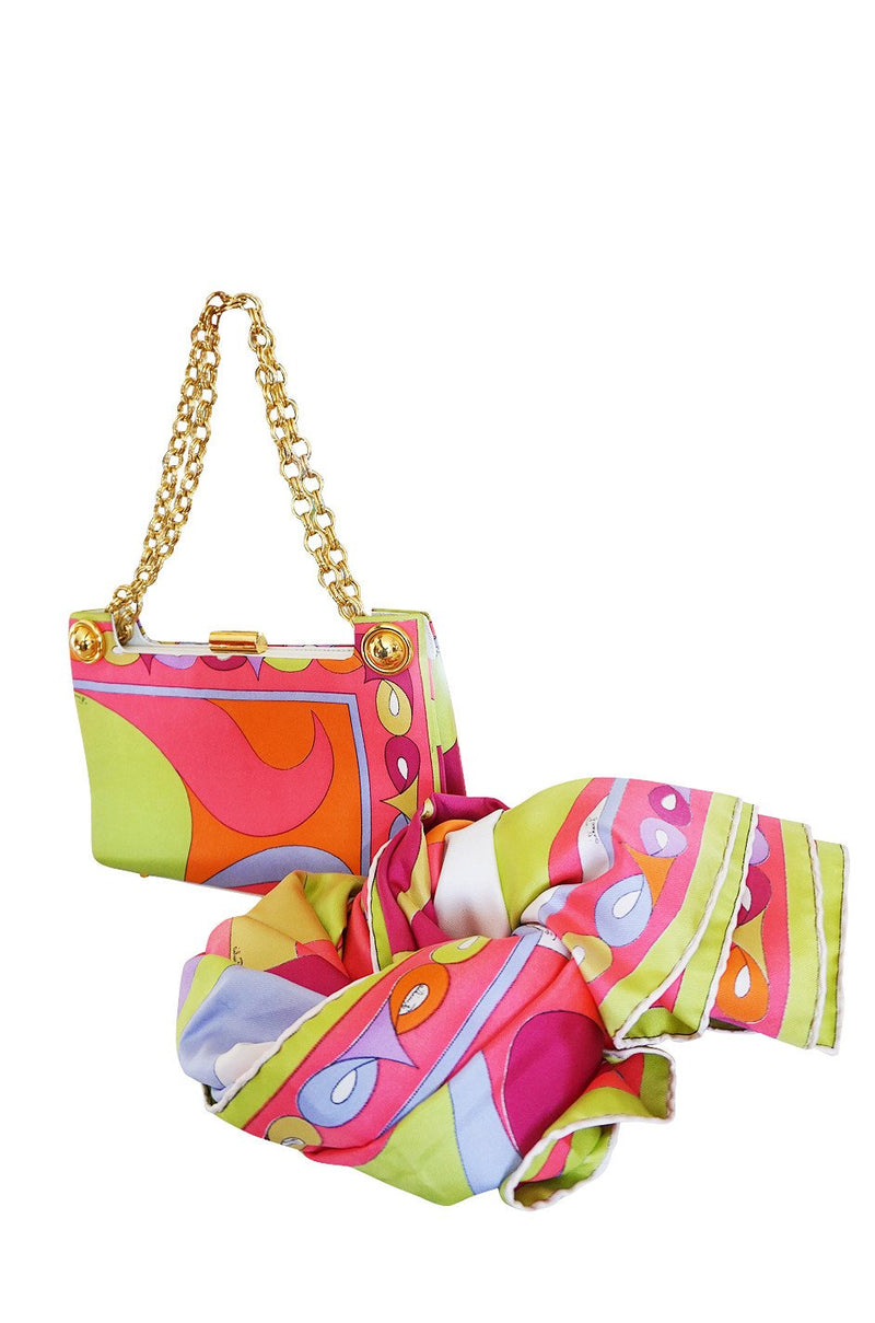 1960s Emilio Pucci Bright Pink Colorful Printed Bag & Matching Silk Scarf