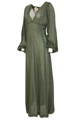 1970s Ossie Clark Metallic Green & Silver Lurex Knit Lame Plunge Dress