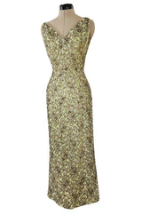 Incredible 1950s Mignon Densely & Heavily Beaded Green Silk Brocade Hourglass Dress