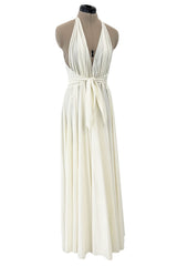 Faboulous 1970s Halston Ivory Jersey Dress W Plunged Front Full Skirt & Tie Waist