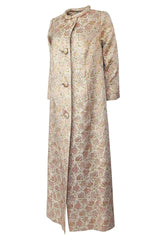 1960s Unlabeled Pink & Gold Metallic Silk Brocade Maxi Coat