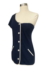 1992 Geoffrey Beene One Shoulder Navy w White Piping Top