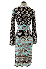 Fantastic 1970s Leonard Turquoise & Tan Fashion Silk Jersey Dress w Matching Tie Belt
