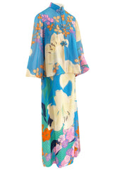 Extraordinary 1970s Hanae Mori Couture Pastel Turquoise Floral Print Silk Chiffon Dress & Jacket