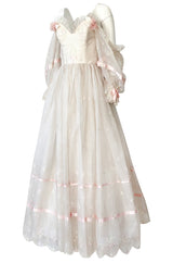 1980s Emanuel Custom Fairy Tale Embroidered & Ribboned Silk Organza Dress