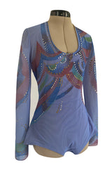 1970s Giorgio Sant Angelo Hand Painted Stretch Blue Net Bodysuit w Gold & Silver Accents