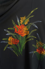 1950s Floral Hand Painted Black Silk Crepe Kimono