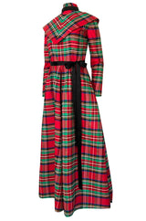 Early 1970s Geoffrey Beene Boutique Red Plaid Holiday Silk Taffeta Dress