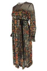 1960s Mignon Densely Embroidered on Brown Silk Chiffon Dress