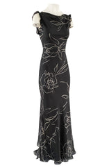 Early 2000s Valentino Roma Bias Cut Tied & Backless Graphic Floral Print Silk Dress