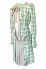 2004 Chanel Cruise Documented Mint Green Boucle & Silk Chiffon Suit