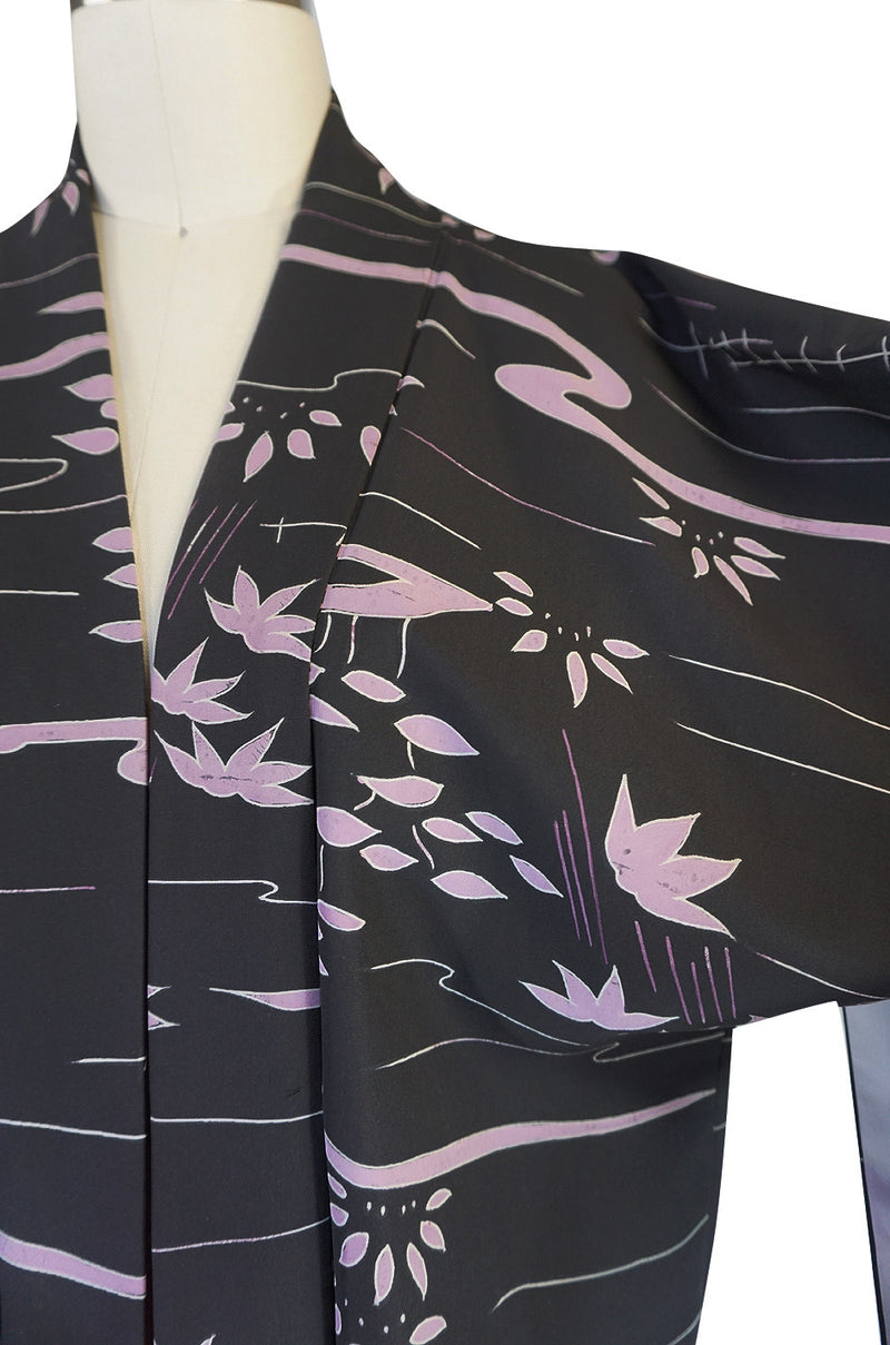 1950s Lavender Flower on Black Silk Kimono