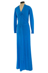 Documented Fall 1977 Halston Cashmere Sky Blue Dress w Extra Long Attached Wrap Ties