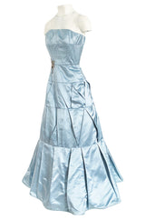 Custom Made 1998 Ice Baby Blue Silk Satin Intricate Panel Strapless Dress W Bead Detail