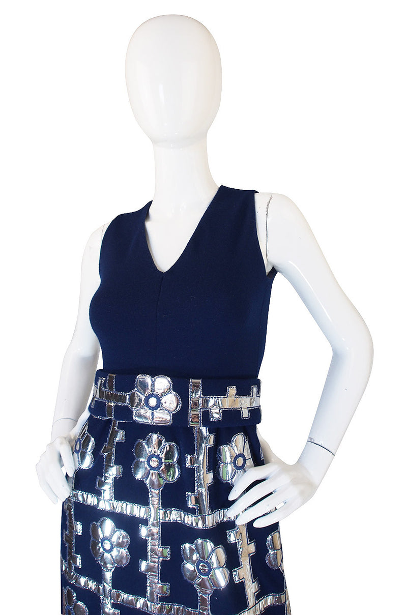 1960s Brenner Couture Silver & Navy Mod Maxi Dress