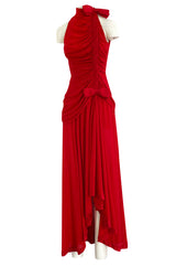 Documented Spring 1987 Valentino Haute Couture Red Silk Crepe Dress w Bow Details