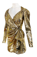 Exclusive 2018 Attico for Luisaviaroma Gold Sequin Wrapped Plunging Mini Dress