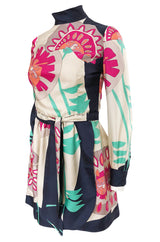 1960s Jean Patou Couture Signed Scarf Print Silk Twill Mini Dress