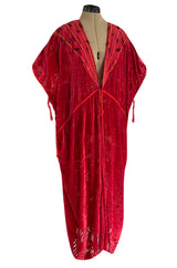 Rare 1977 Thea Porter Couture Documented Cherry Red Fused Velvet Open Front Abaya Caftan