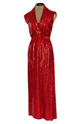 Iconic 1970s Halston Couture Glossy Red Sequin Full Length Wrap Dress w Plunge Front