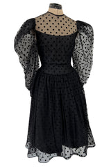 Early 1980s Pauline Trigere Velvet Dot on Net Dress w Exceptional Sleeves