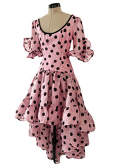 Rare Spring 1990 Yves Saint Laurent Mini Front Skirt Longer Back Pink & Black Dot Dress