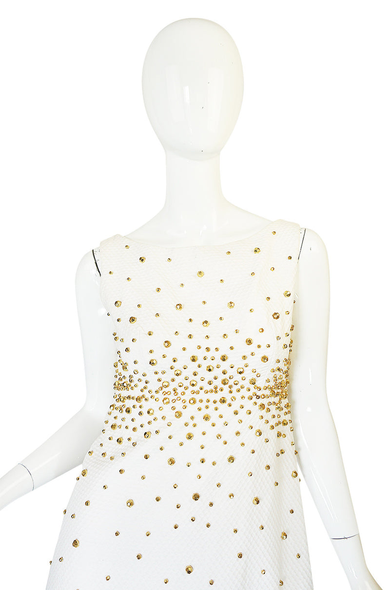 1960s Gold Studded White Cotton Waffle Weave Pique Dress