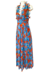 Spectacular c.1978 Valentino Blue & Coral Floral Silk Halter Backless Dress