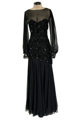 Gorgeous 1980s Loris Azzaro Black Silk Chiffon & Sequin Ribbon Detail Dress