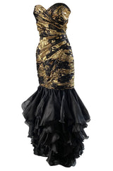 Fall 1988 Emanual Ungaro Strapelss Gold Metallic Black & Gold Ruffled Hem Dress